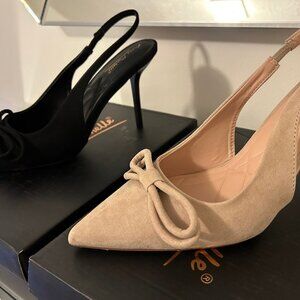 Black & Tan Pairs of Sling black pointed short heels with bow - Both Pairs!
